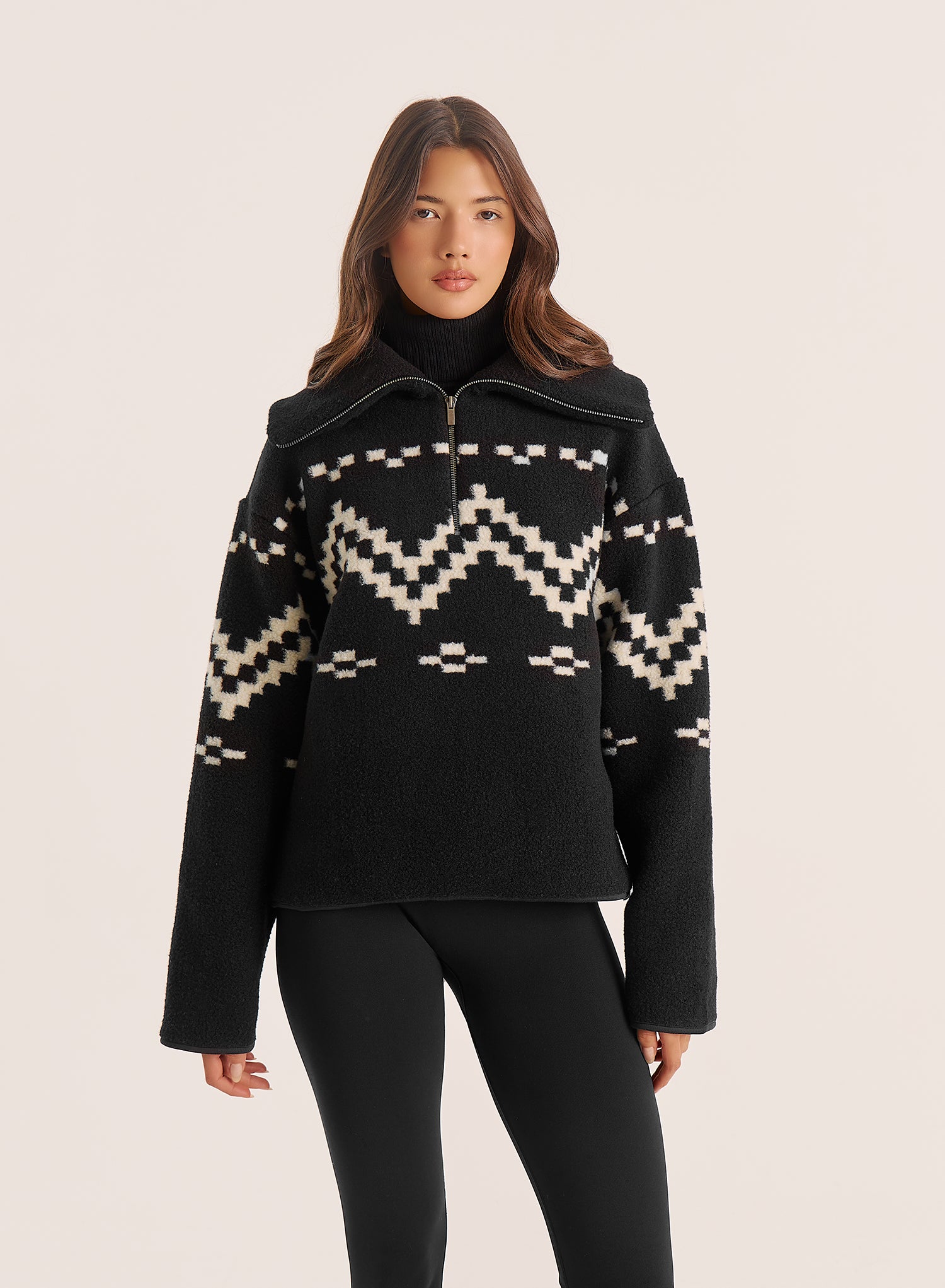 Black Half Zip Oversized Collar Fairisle Jumper